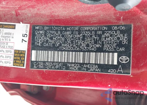 2006 Toyota Prius from USA, damaged, VIN JTDKB20U067537940